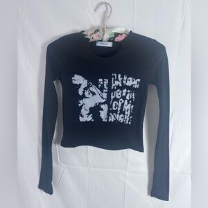 Y2K Style Grunge Long Sleeve Black Graphic Thermal Crop‎ Top Women’s XS
